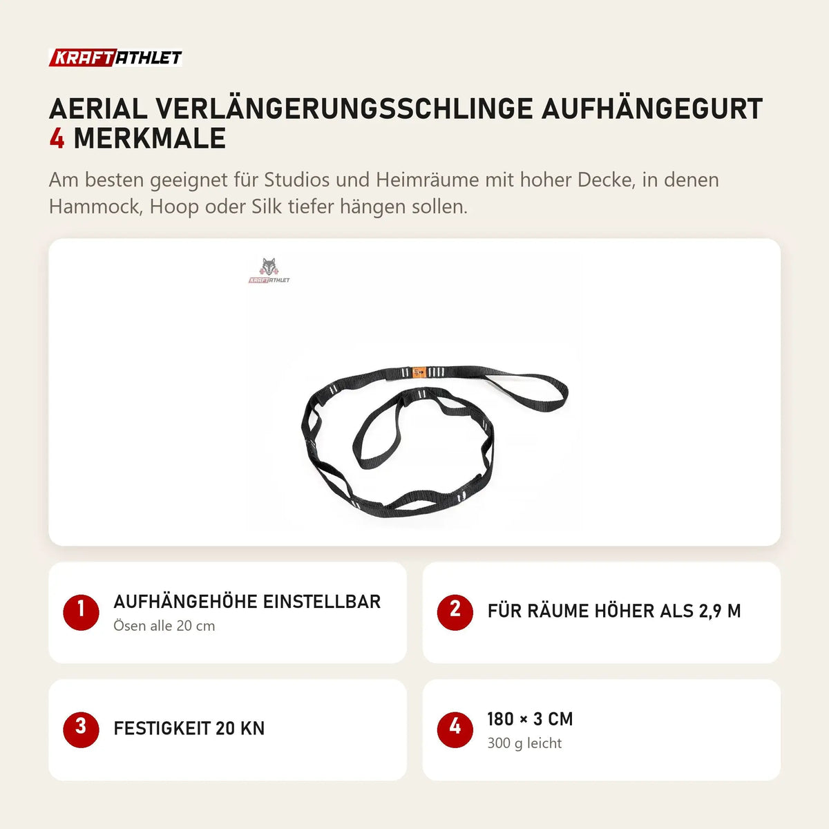tiguar Aerial Verlängerungsschlinge Aufhängegurt mit 4 Merkmalen: Aufhängehöhe einstellbar, Für Räume höher als 2,9 m, Festigkeit 20 kN, 180 × 3 cm