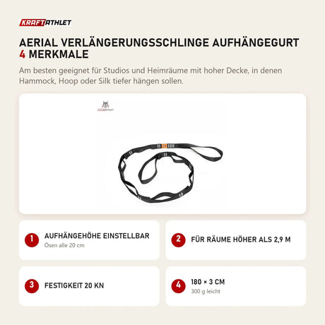 tiguar Aerial Verlängerungsschlinge Aufhängegurt mit 4 Merkmalen: Aufhängehöhe einstellbar, Für Räume höher als 2,9 m, Festigkeit 20 kN, 180 × 3 cm