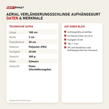 Technische Daten und Merkmale von tiguar Aerial Verlängerungsschlinge Aufhängegurt als Tabelle