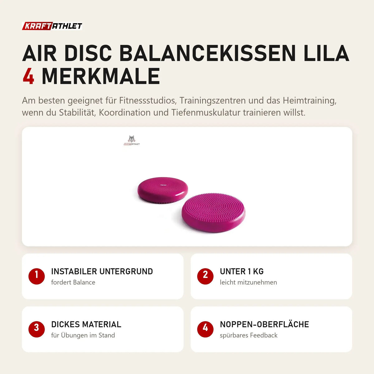 tiguar Air Disc Balancekissen Lila mit 4 Merkmalen: Instabiler Untergrund, Unter 1 kg, Dickes Material, Noppen-Oberfläche