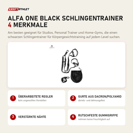 tiguar Alfa One Black Schlingentrainer mit 4 Merkmalen: Überarbeitete Regler, Gurte aus Dacron/Polyamid, Verstärkte Nähte, Rutschfeste Gummigriffe