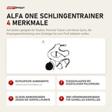 tiguar Alfa One Schlingentrainer mit 4 Merkmalen: Rutschfeste Gummigriffe, Fußschlaufen mit zusätzlicher Polsterung, Silikon-Markierungen zeigen die Verstellpunkte, Zwei Höhenmarkierungen für schnelles Einstellen