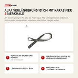 tiguar Alfa Verlängerung 101 cm mit Karabiner mit 4 Merkmalen: Montage an Balken und Rohren, Verlängert das System bei hohem Aufhängepunkt, Längenraster alle 9 cm, Karabiner aus Luftfahrt-Aluminium