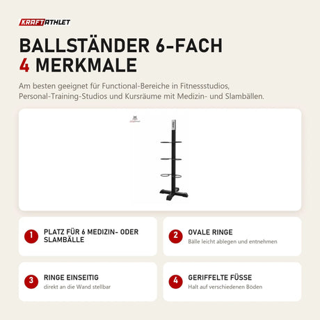 tiguar Ballständer 6-fach mit 4 Merkmalen: Platz für 6 Medizin- oder Slambälle, Ovale Ringe, Ringe einseitig, Geriffelte Füße
