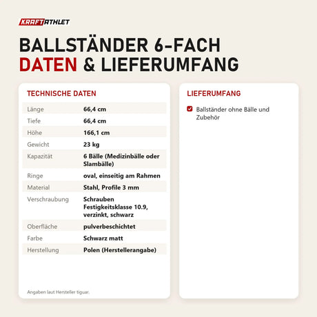 Technische Daten und Lieferumfang von tiguar Ballständer 6-fach als Tabelle