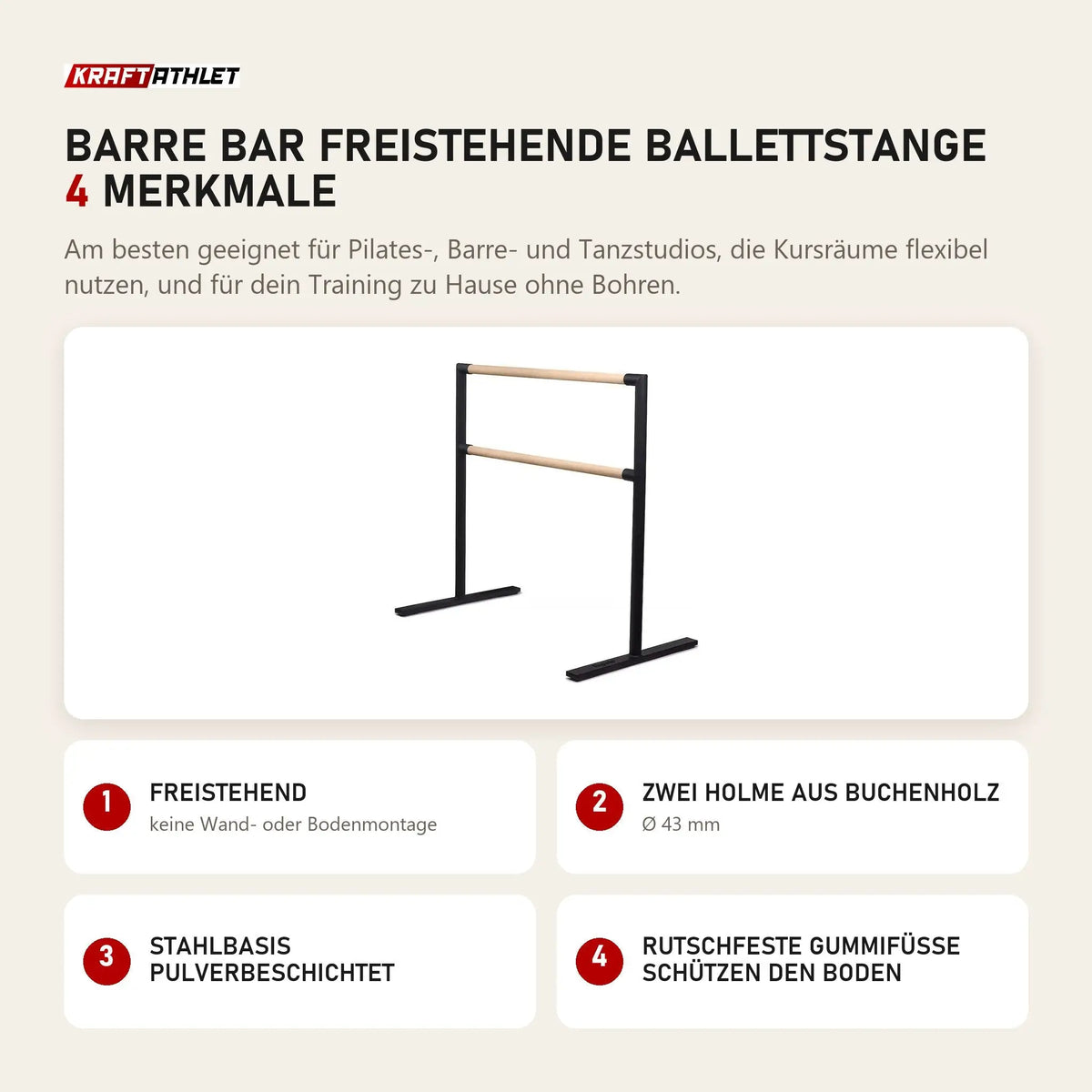 tiguar Barre Bar freistehende Ballettstange mit 4 Merkmalen: Freistehend, Zwei Holme aus Buchenholz, Stahlbasis pulverbeschichtet, Rutschfeste Gummifüße schützen den Boden