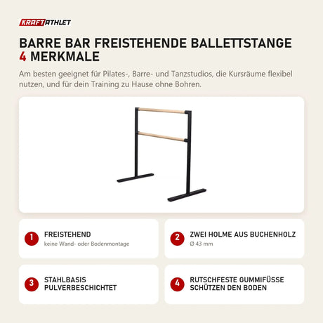 tiguar Barre Bar freistehende Ballettstange mit 4 Merkmalen: Freistehend, Zwei Holme aus Buchenholz, Stahlbasis pulverbeschichtet, Rutschfeste Gummifüße schützen den Boden