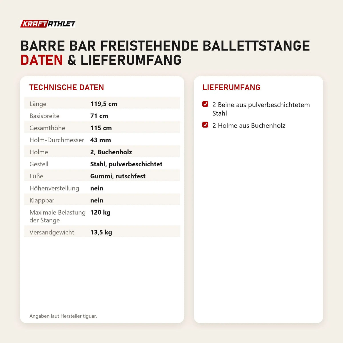 Technische Daten und Lieferumfang von tiguar Barre Bar freistehende Ballettstange als Tabelle