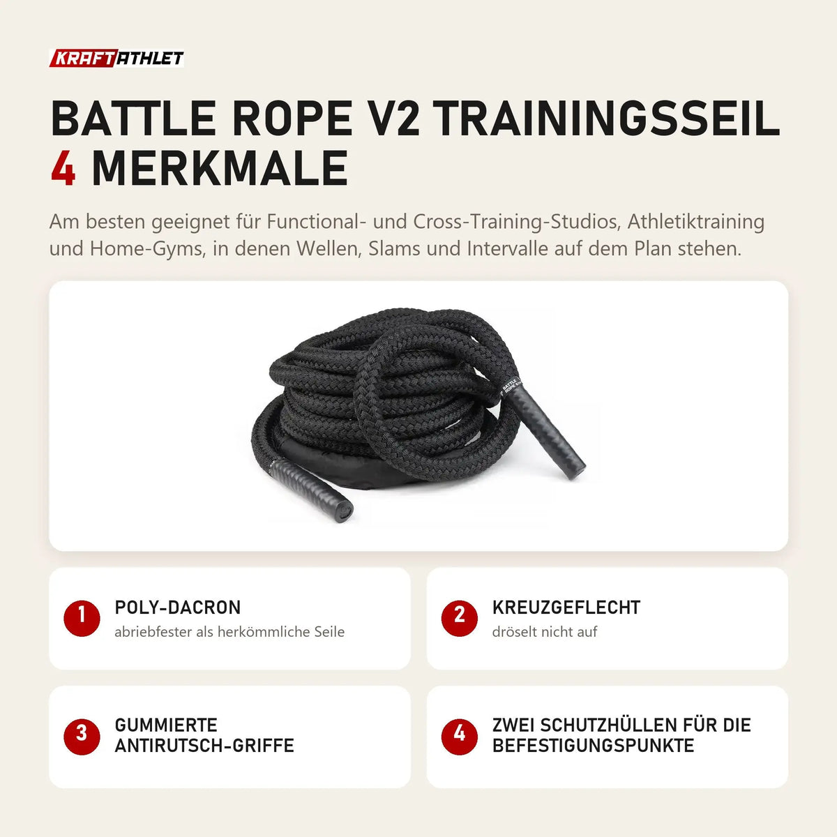 tiguar Battle Rope V2 Trainingsseil mit 4 Merkmalen: Poly-Dacron, Kreuzgeflecht, Gummierte Antirutsch-Griffe, Zwei Schutzhüllen für die Befestigungspunkte