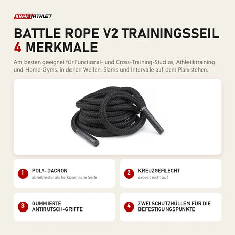 tiguar Battle Rope V2 Trainingsseil mit 4 Merkmalen: Poly-Dacron, Kreuzgeflecht, Gummierte Antirutsch-Griffe, Zwei Schutzhüllen für die Befestigungspunkte