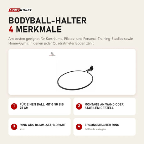 tiguar Bodyball-Halter mit 4 Merkmalen: Für einen Ball mit Ø 50 bis 75 cm, Montage an Wand oder stabilem Gestell, Ring aus 10-mm-Stahldraht, Ergonomischer Ring
