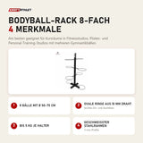 tiguar Bodyball-Rack 8-fach mit 4 Merkmalen: 8 Bälle mit Ø 50–75 cm, Ovale Ringe aus 10 mm Draht, Bis 5 kg je Halter, Geschweißter Stahlrahmen