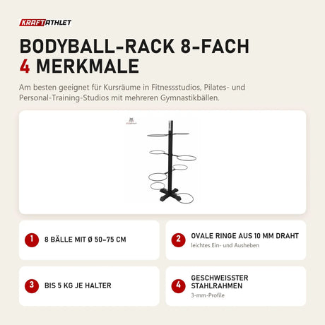 tiguar Bodyball-Rack 8-fach mit 4 Merkmalen: 8 Bälle mit Ø 50–75 cm, Ovale Ringe aus 10 mm Draht, Bis 5 kg je Halter, Geschweißter Stahlrahmen