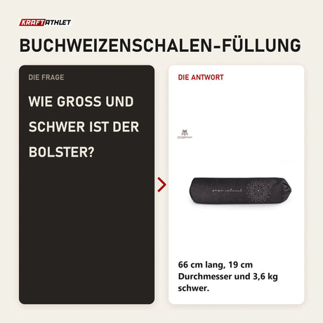 Frage und Antwort zu tiguar Bolster Graphit Yogakissen: Wie groß und schwer ist der Bolster?