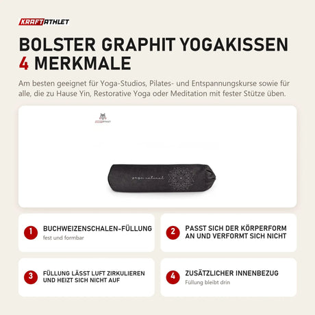 tiguar Bolster Graphit Yogakissen mit 4 Merkmalen: Buchweizenschalen-Füllung, Passt sich der Körperform an und verformt sich nicht, Füllung lässt Luft zirkulieren und heizt sich nicht auf, Zusätzlicher Innenbezug