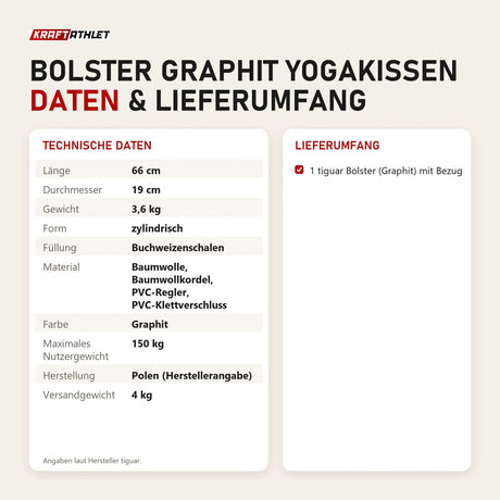 Technische Daten und Lieferumfang von tiguar Bolster Graphit Yogakissen als Tabelle