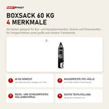 tiguar Boxsack 60 kg mit 4 Merkmalen: 60 kg Gewicht, Wasserfeste PVC-Hülle, Reiß- und scheuerfestes Hüllenmaterial, Dichte Textilfüllung