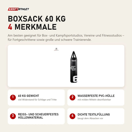 tiguar Boxsack 60 kg mit 4 Merkmalen: 60 kg Gewicht, Wasserfeste PVC-Hülle, Reiß- und scheuerfestes Hüllenmaterial, Dichte Textilfüllung