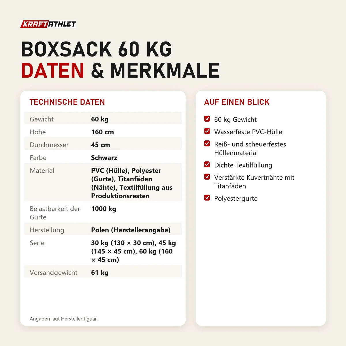 Technische Daten und Merkmale von tiguar Boxsack 60 kg als Tabelle