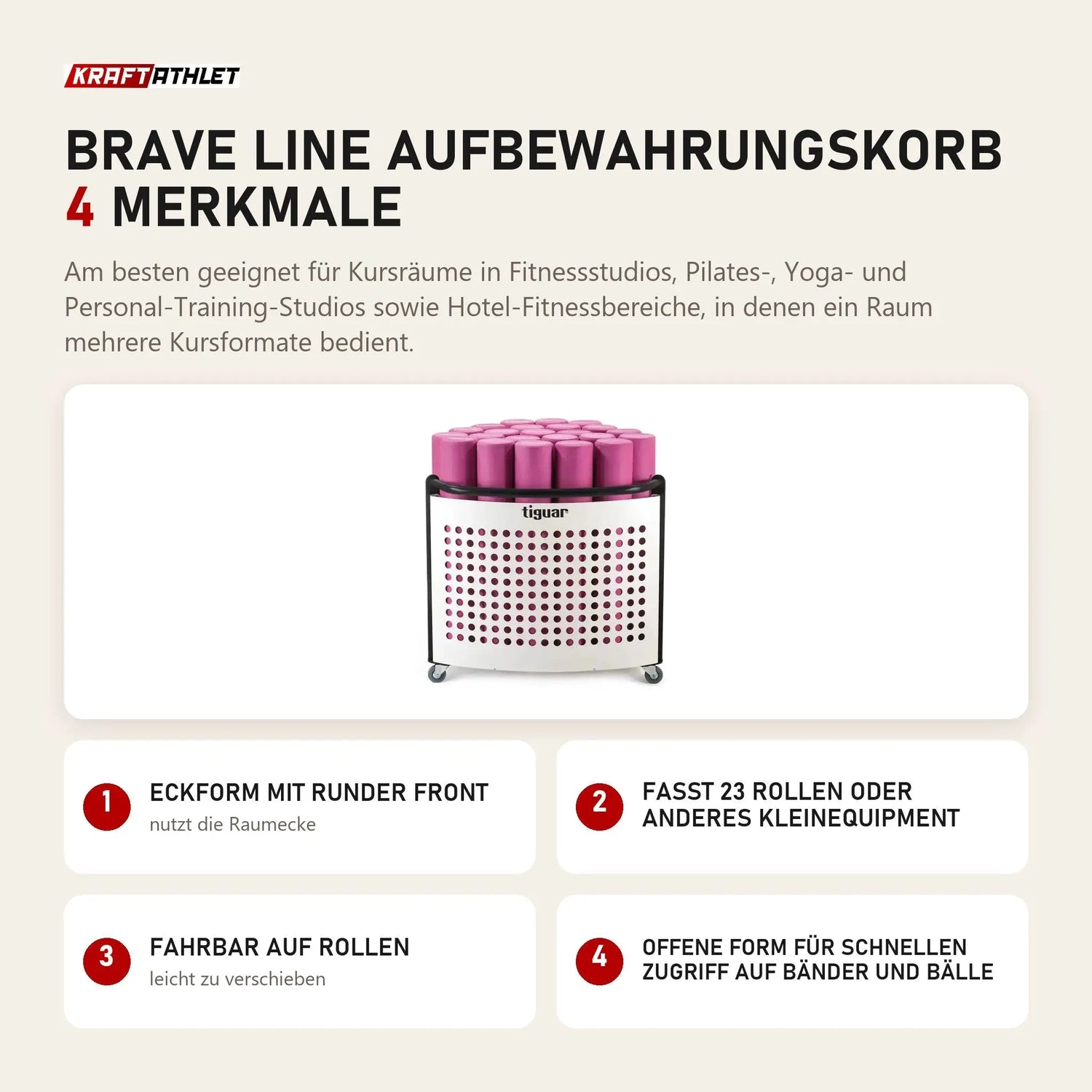 tiguar Brave Line Aufbewahrungskorb mit 4 Merkmalen: Eckform mit runder Front, Fasst 23 Rollen oder anderes Kleinequipment, Fahrbar auf Rollen, Offene Form für schnellen Zugriff auf Bänder und Bälle