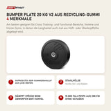tiguar Bumper Plate 20 kg V2 aus Recycling-Gummi mit 4 Merkmalen: Gepresstes SBR-Gummigranulat aus Lkw-Reifen, Stahlhülse, Dämpft Stöße beim Abwerfen der Hantel, 15.000 Falltests aus 200 cm ohne Schaden