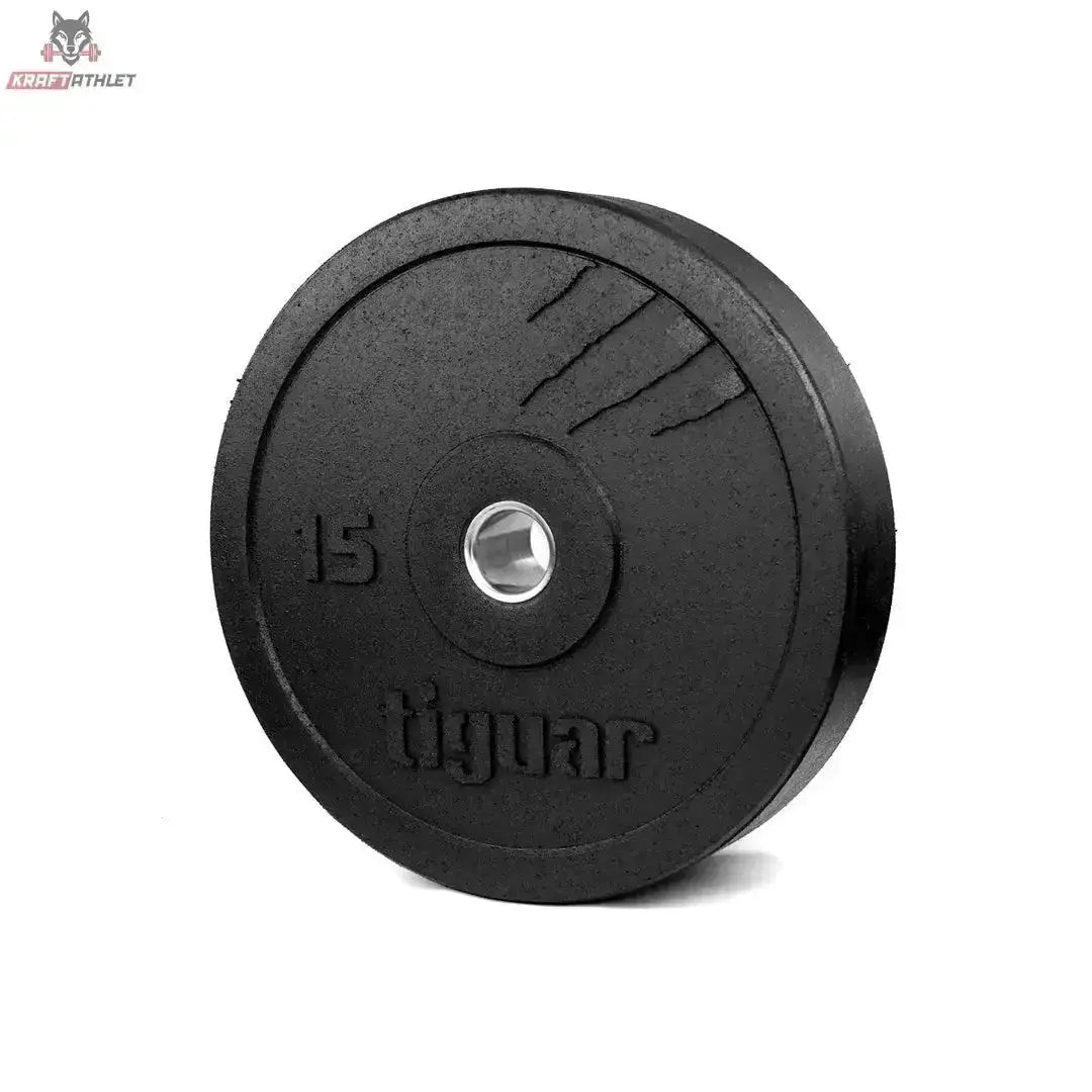tiguar Bumper Plate 20 kg V2 aus Recycling-Gummi, Variante 15 kg in Schwarz, Frontansicht