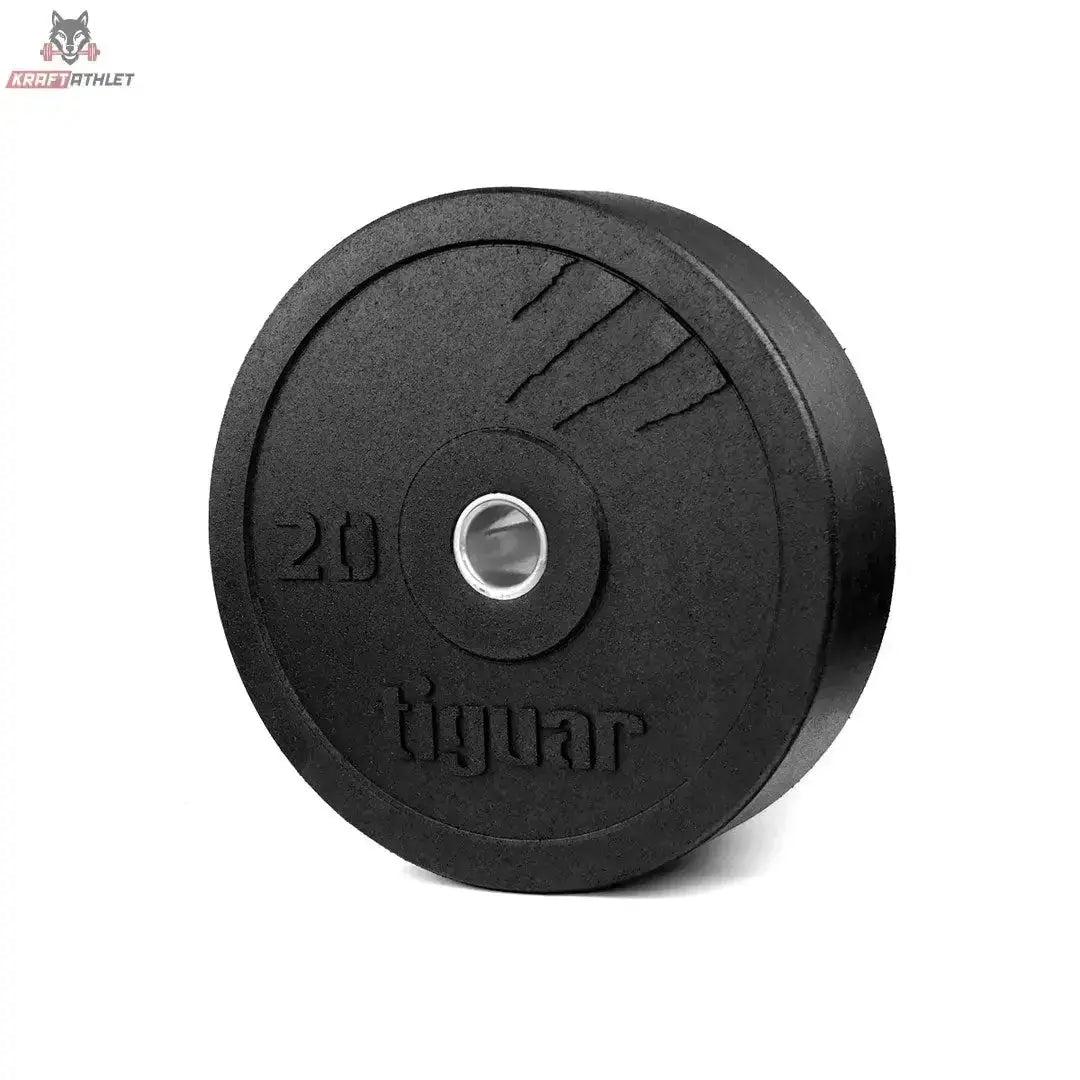 tiguar Bumper Plate 20 kg V2 aus Recycling-Gummi in Schwarz, Frontansicht der 20-kg-Scheibe