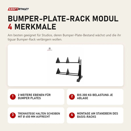 tiguar Bumper-Plate-Rack Modul mit 4 Merkmalen: 2 weitere Ebenen für Bumper Plates, Bis 200 kg Belastung je Ablage, Trennstege halten Scheiben mit Ø 450 mm aufrecht, Montage am Standbein des Basis-Racks