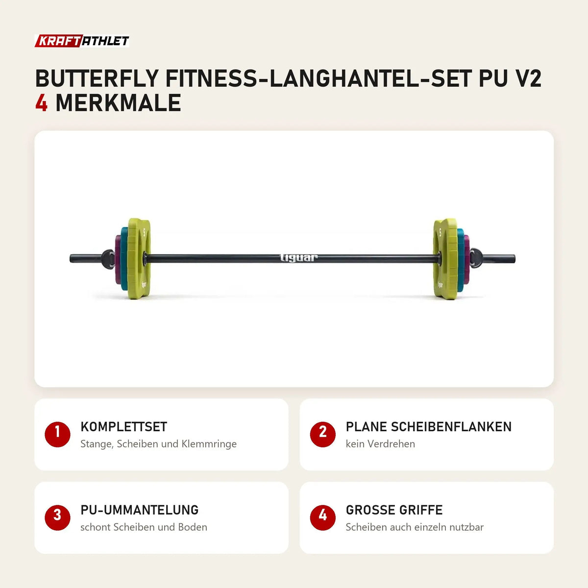 tiguar Butterfly Fitness-Langhantel-Set PU V2 mit 4 Merkmalen: Komplettset, Plane Scheibenflanken, PU-Ummantelung, Große Griffe