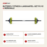 tiguar Butterfly Fitness-Langhantel-Set PU V2 mit 4 Merkmalen: Komplettset, Plane Scheibenflanken, PU-Ummantelung, Große Griffe