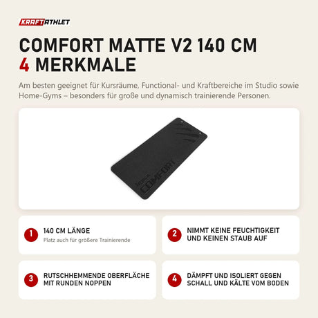 tiguar Comfort Matte V2 140 cm mit 4 Merkmalen: 140 cm Länge, Nimmt keine Feuchtigkeit und keinen Staub auf, Rutschhemmende Oberfläche mit runden Noppen, Dämpft und isoliert gegen Schall und Kälte vom Boden