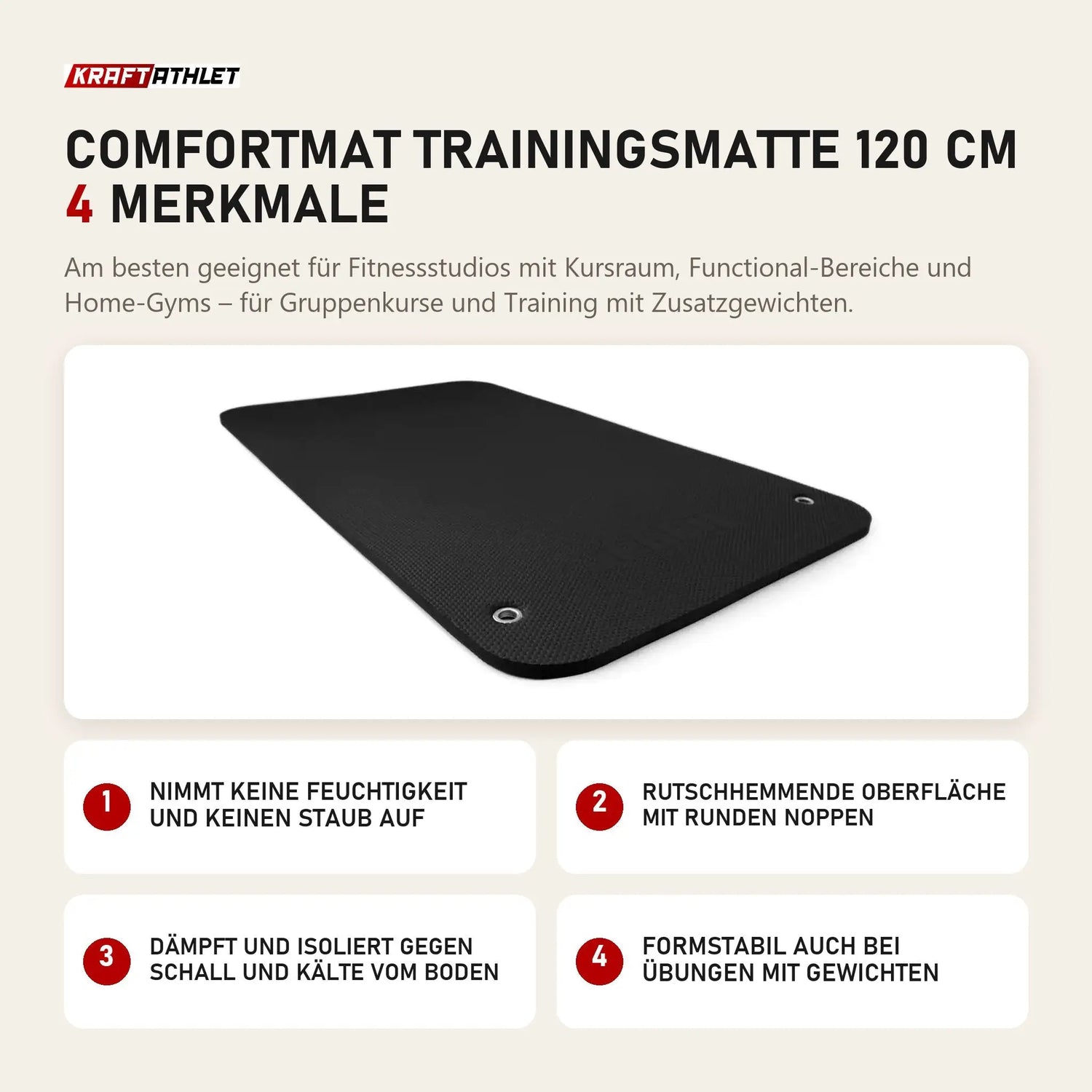 tiguar Comfortmat Trainingsmatte 120 cm mit 4 Merkmalen: Nimmt keine Feuchtigkeit und keinen Staub auf, Rutschhemmende Oberfläche mit runden Noppen, Dämpft und isoliert gegen Schall und Kälte vom Boden, Formstabil auch bei Übungen mit Gewichten