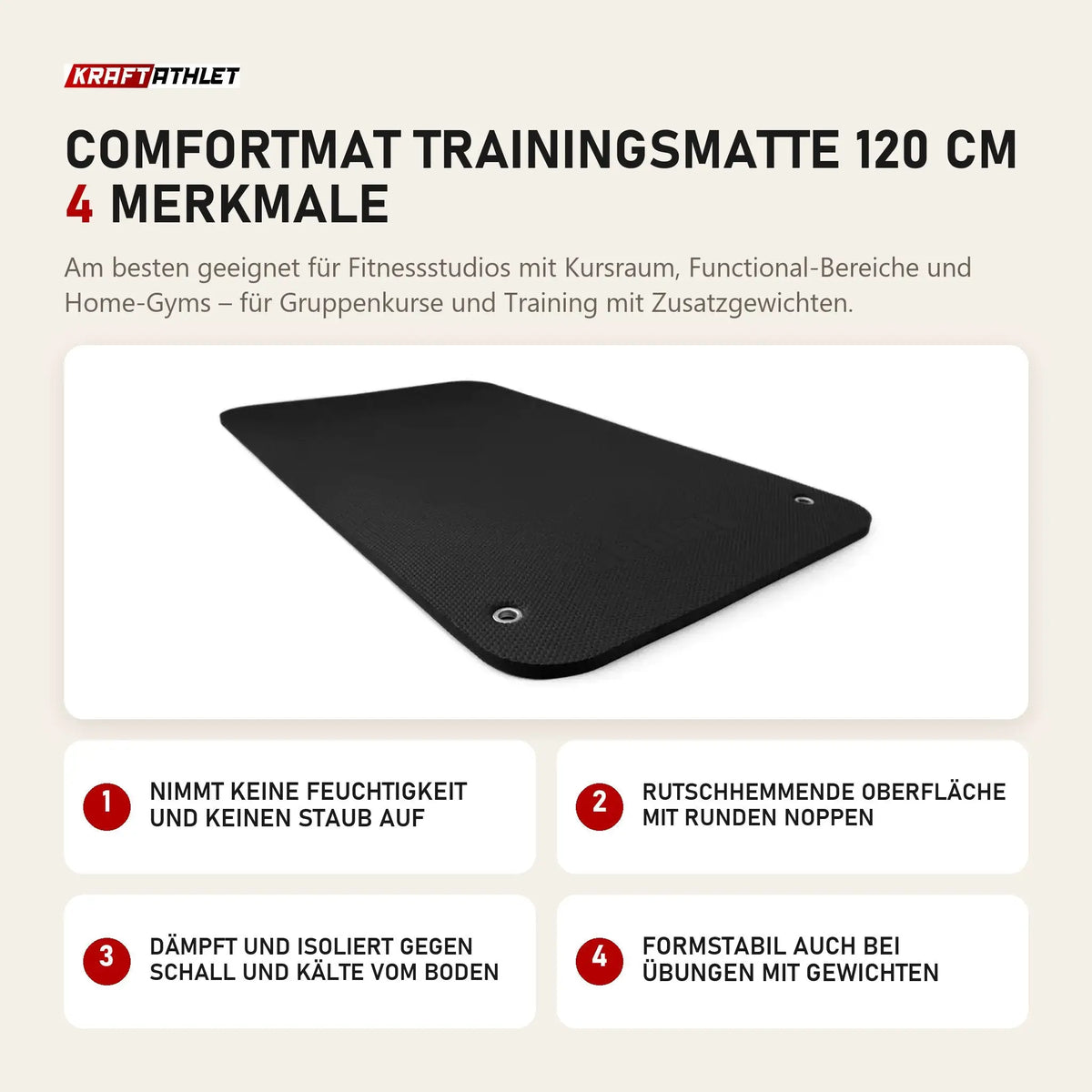 tiguar Comfortmat Trainingsmatte 120 cm mit 4 Merkmalen: Nimmt keine Feuchtigkeit und keinen Staub auf, Rutschhemmende Oberfläche mit runden Noppen, Dämpft und isoliert gegen Schall und Kälte vom Boden, Formstabil auch bei Übungen mit Gewichten