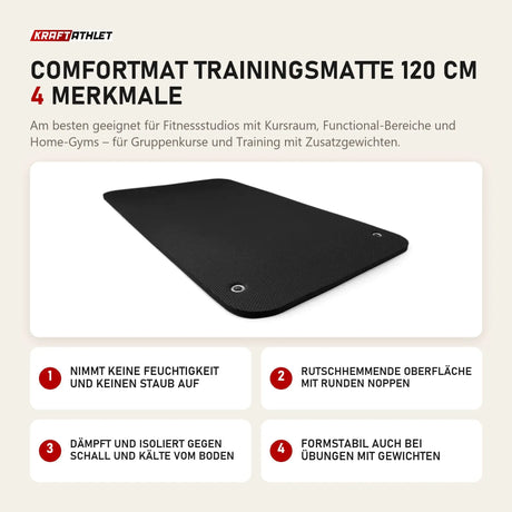 tiguar Comfortmat Trainingsmatte 120 cm mit 4 Merkmalen: Nimmt keine Feuchtigkeit und keinen Staub auf, Rutschhemmende Oberfläche mit runden Noppen, Dämpft und isoliert gegen Schall und Kälte vom Boden, Formstabil auch bei Übungen mit Gewichten
