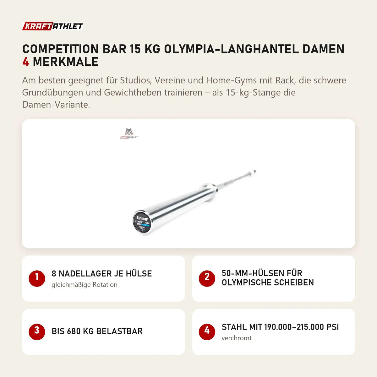 tiguar Competition Bar 15 kg Olympia-Langhantel Damen mit 4 Merkmalen: 8 Nadellager je Hülse, 50-mm-Hülsen für olympische Scheiben, Bis 680 kg belastbar, Stahl mit 190.000–215.000 PSI