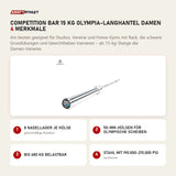 tiguar Competition Bar 15 kg Olympia-Langhantel Damen mit 4 Merkmalen: 8 Nadellager je Hülse, 50-mm-Hülsen für olympische Scheiben, Bis 680 kg belastbar, Stahl mit 190.000–215.000 PSI