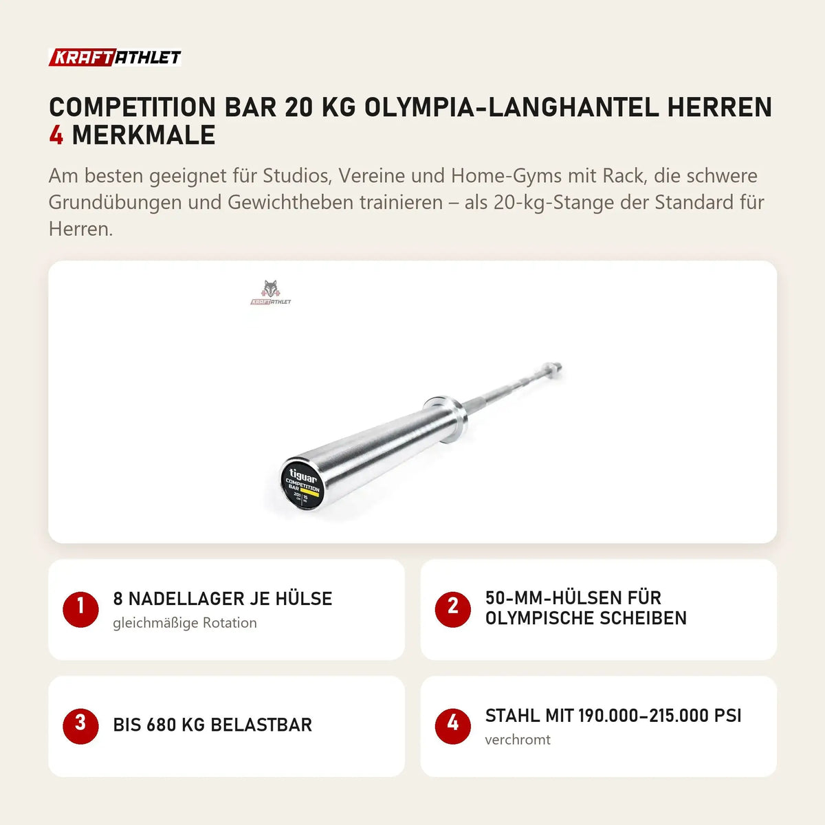 tiguar Competition Bar 20 kg Olympia-Langhantel Herren mit 4 Merkmalen: 8 Nadellager je Hülse, 50-mm-Hülsen für olympische Scheiben, Bis 680 kg belastbar, Stahl mit 190.000–215.000 PSI