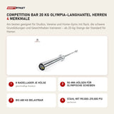 tiguar Competition Bar 20 kg Olympia-Langhantel Herren mit 4 Merkmalen: 8 Nadellager je Hülse, 50-mm-Hülsen für olympische Scheiben, Bis 680 kg belastbar, Stahl mit 190.000–215.000 PSI