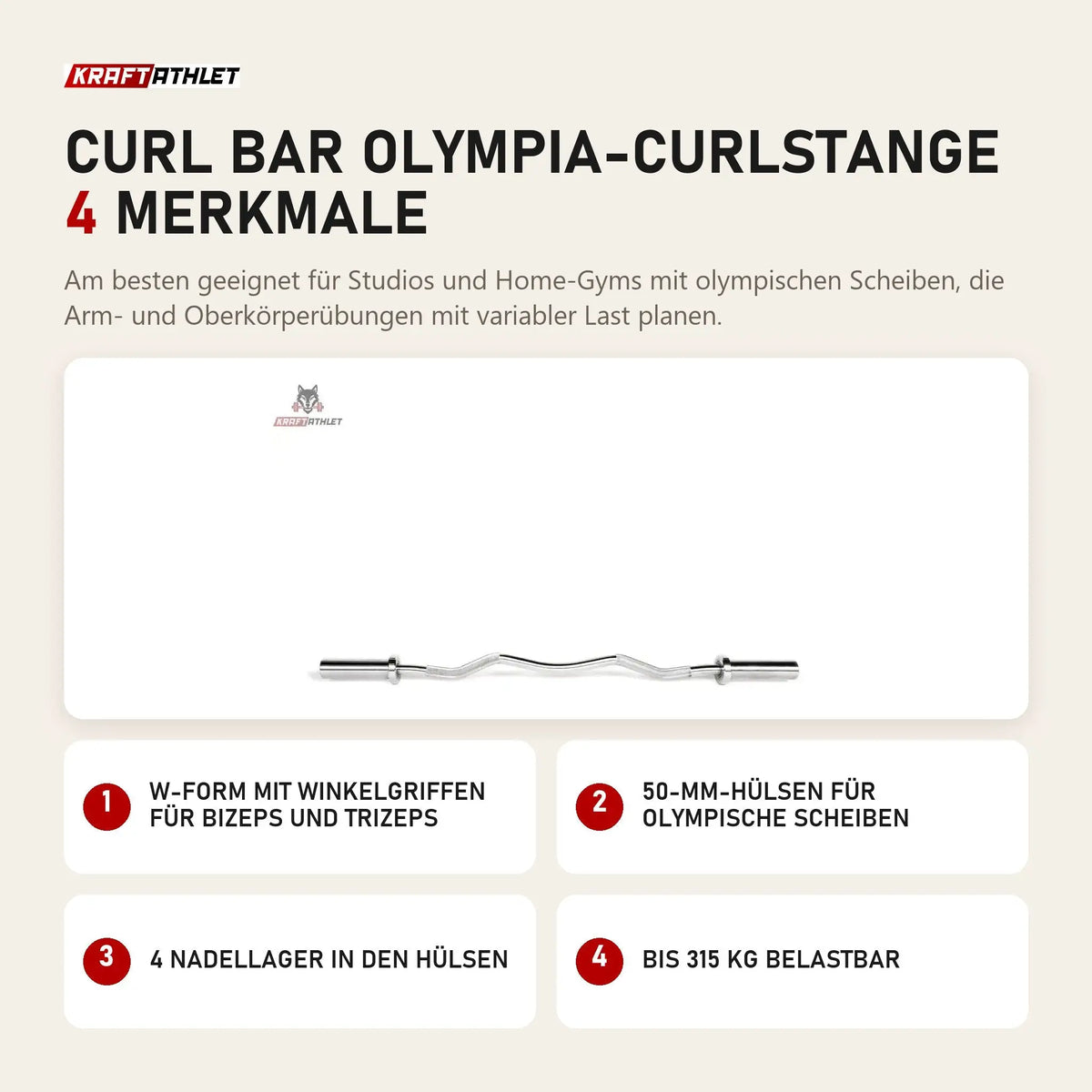 tiguar Curl Bar Olympia-Curlstange mit 4 Merkmalen: W-Form mit Winkelgriffen für Bizeps und Trizeps, 50-mm-Hülsen für olympische Scheiben, 4 Nadellager in den Hülsen, Bis 315 kg belastbar
