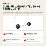 tiguar Curl PU Langhantel 20 kg mit 4 Merkmalen: Festgewicht, Gewinkelte Stange, Gerändelte Chromstange, PU-Gewichte