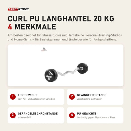 tiguar Curl PU Langhantel 20 kg mit 4 Merkmalen: Festgewicht, Gewinkelte Stange, Gerändelte Chromstange, PU-Gewichte