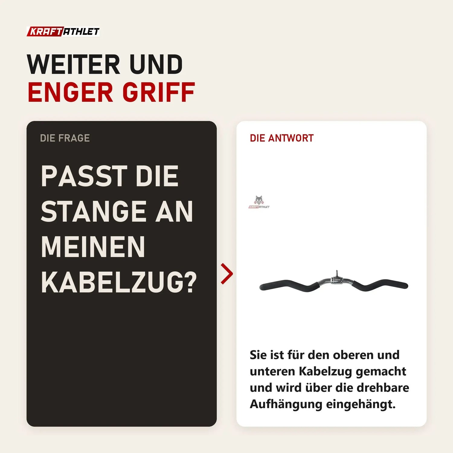 Frage und Antwort zu tiguar Curl-Stange 70 cm gewinkelter Kabelzuggriff: Passt die Stange an meinen Kabelzug?