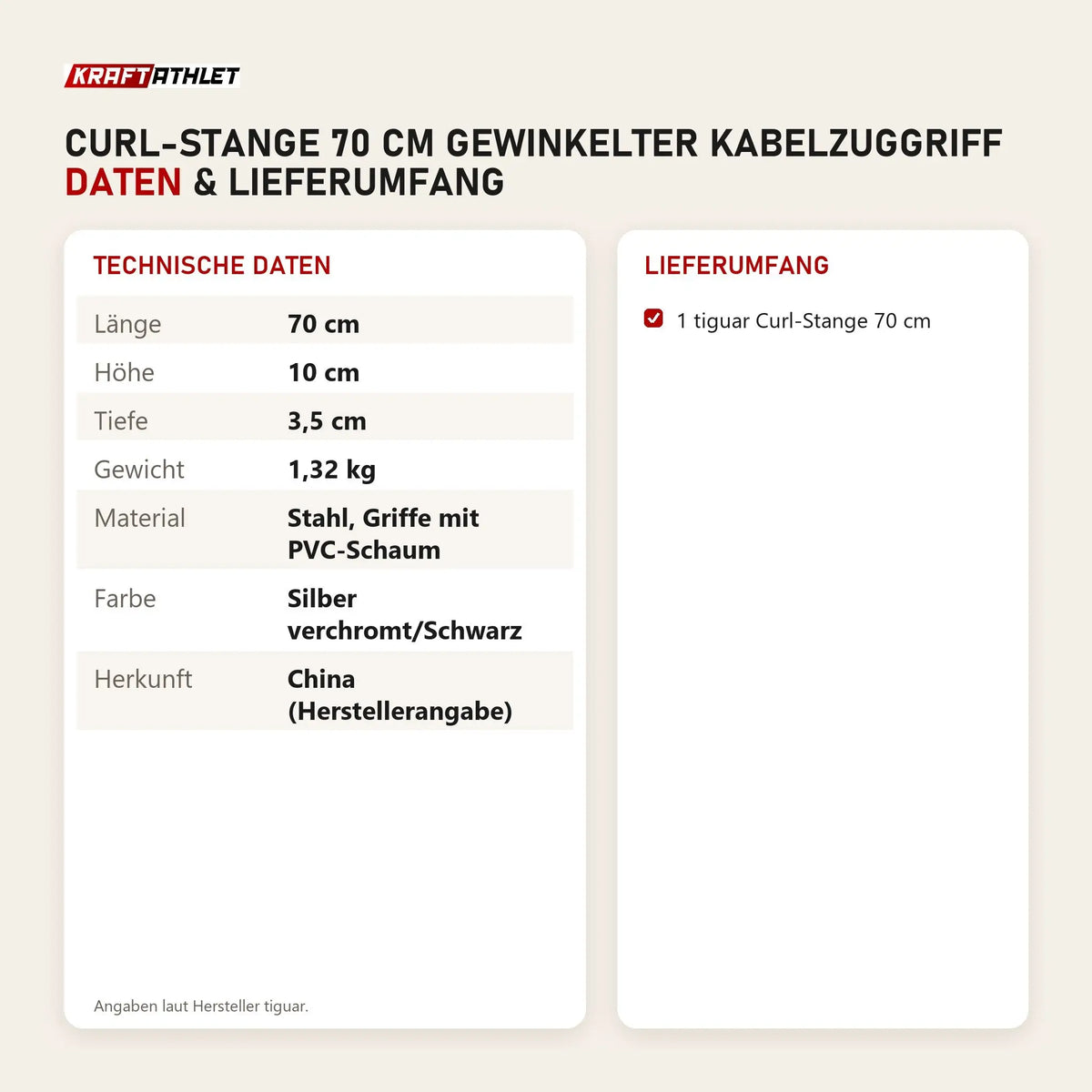 Technische Daten und Lieferumfang von tiguar Curl-Stange 70 cm gewinkelter Kabelzuggriff als Tabelle
