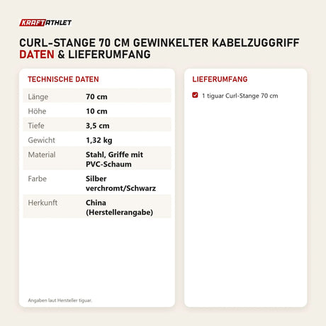 Technische Daten und Lieferumfang von tiguar Curl-Stange 70 cm gewinkelter Kabelzuggriff als Tabelle
