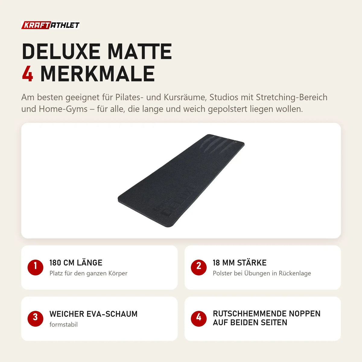 tiguar Deluxe Matte mit 4 Merkmalen: 180 cm Länge, 18 mm Stärke, Weicher EVA-Schaum, Rutschhemmende Noppen auf beiden Seiten