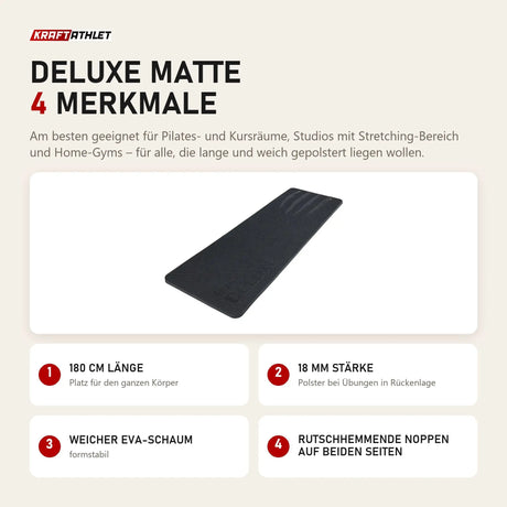 tiguar Deluxe Matte mit 4 Merkmalen: 180 cm Länge, 18 mm Stärke, Weicher EVA-Schaum, Rutschhemmende Noppen auf beiden Seiten