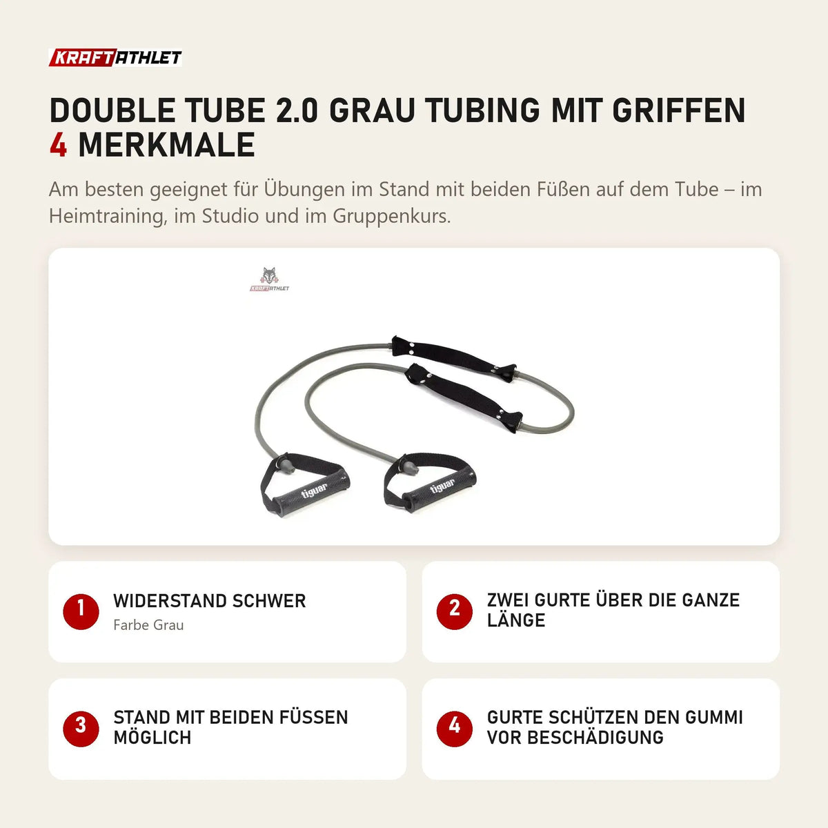 tiguar Double Tube 2.0 Grau Tubing mit Griffen mit 4 Merkmalen: Widerstand schwer, Zwei Gurte über die ganze Länge, Stand mit beiden Füßen möglich, Gurte schützen den Gummi vor Beschädigung