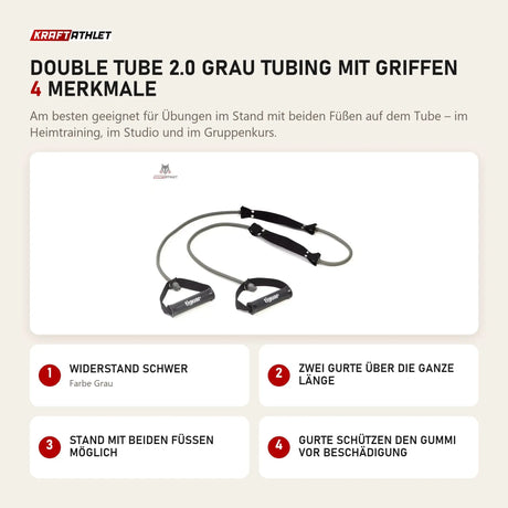 tiguar Double Tube 2.0 Grau Tubing mit Griffen mit 4 Merkmalen: Widerstand schwer, Zwei Gurte über die ganze Länge, Stand mit beiden Füßen möglich, Gurte schützen den Gummi vor Beschädigung