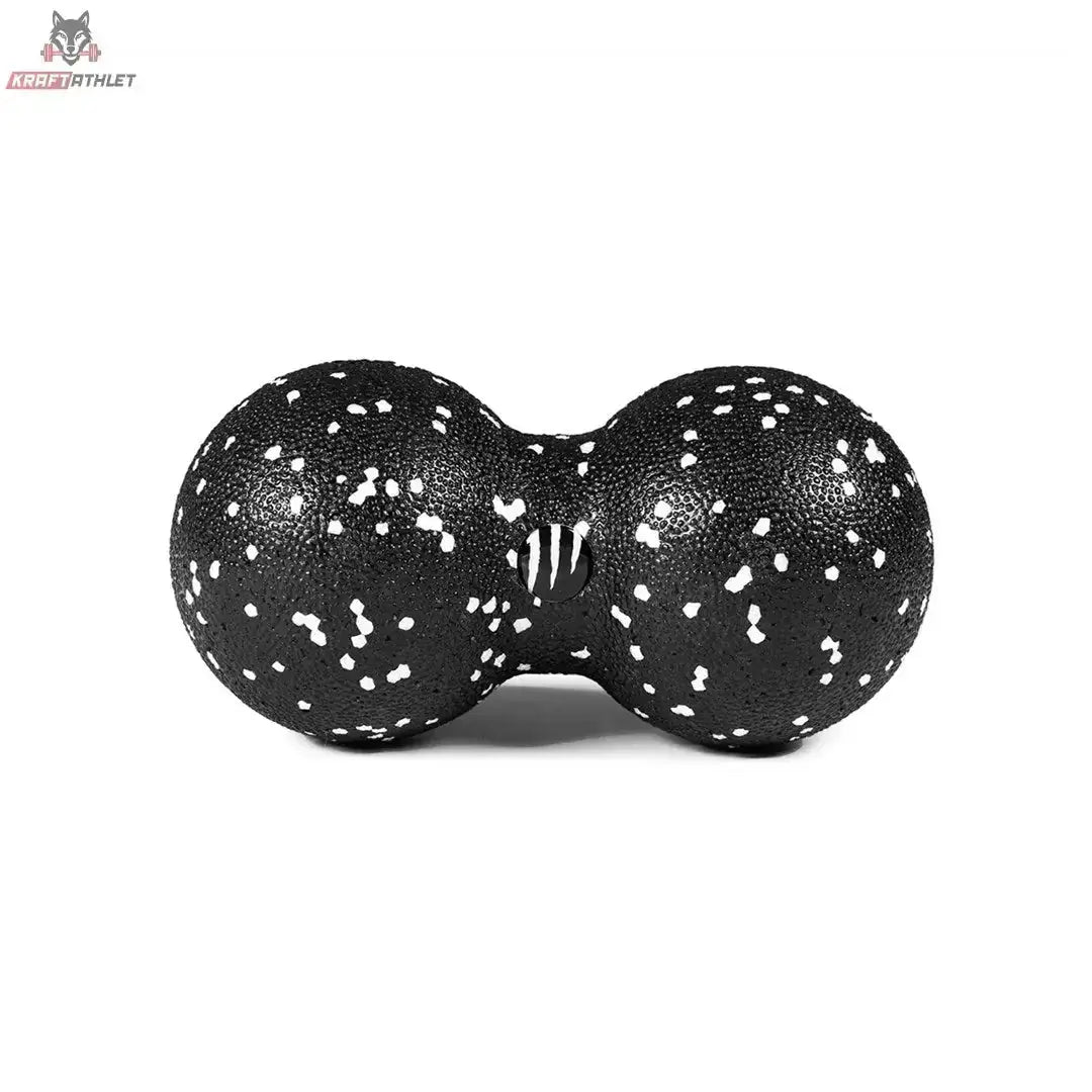 tiguar Duo Ball 16/8 cm Faszienball hart in Seitenansicht: schwarzer Doppelball mit weißen Sprenkeln