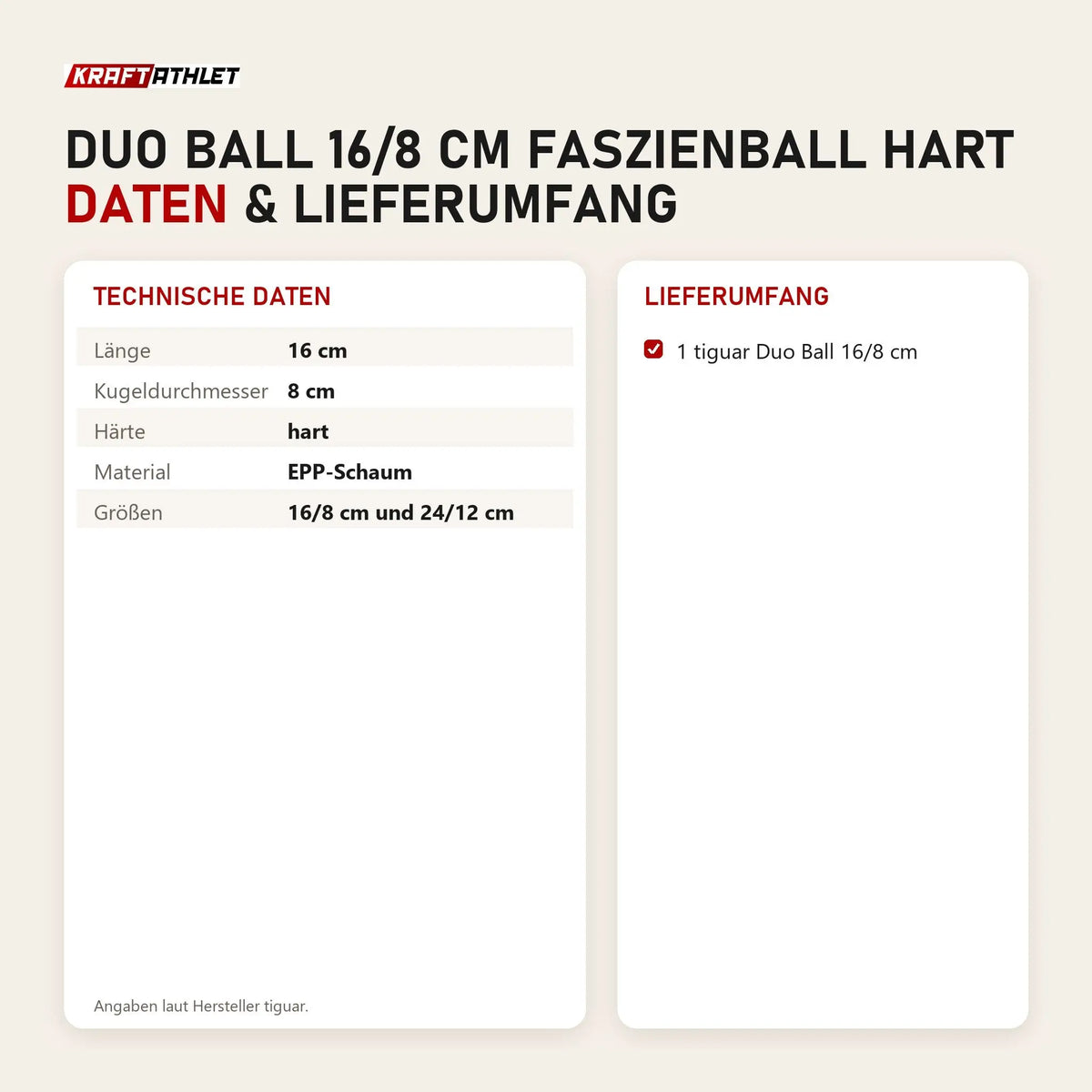 Technische Daten und Lieferumfang von tiguar Duo Ball 16/8 cm Faszienball hart als Tabelle